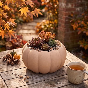 May include: A round, pumpkin-shaped planter with a textured, matte beige finish, filled with a variety of small green and reddish succulents nestled among smooth, multi-colored pebbles, creating a compact botanical arrangement.