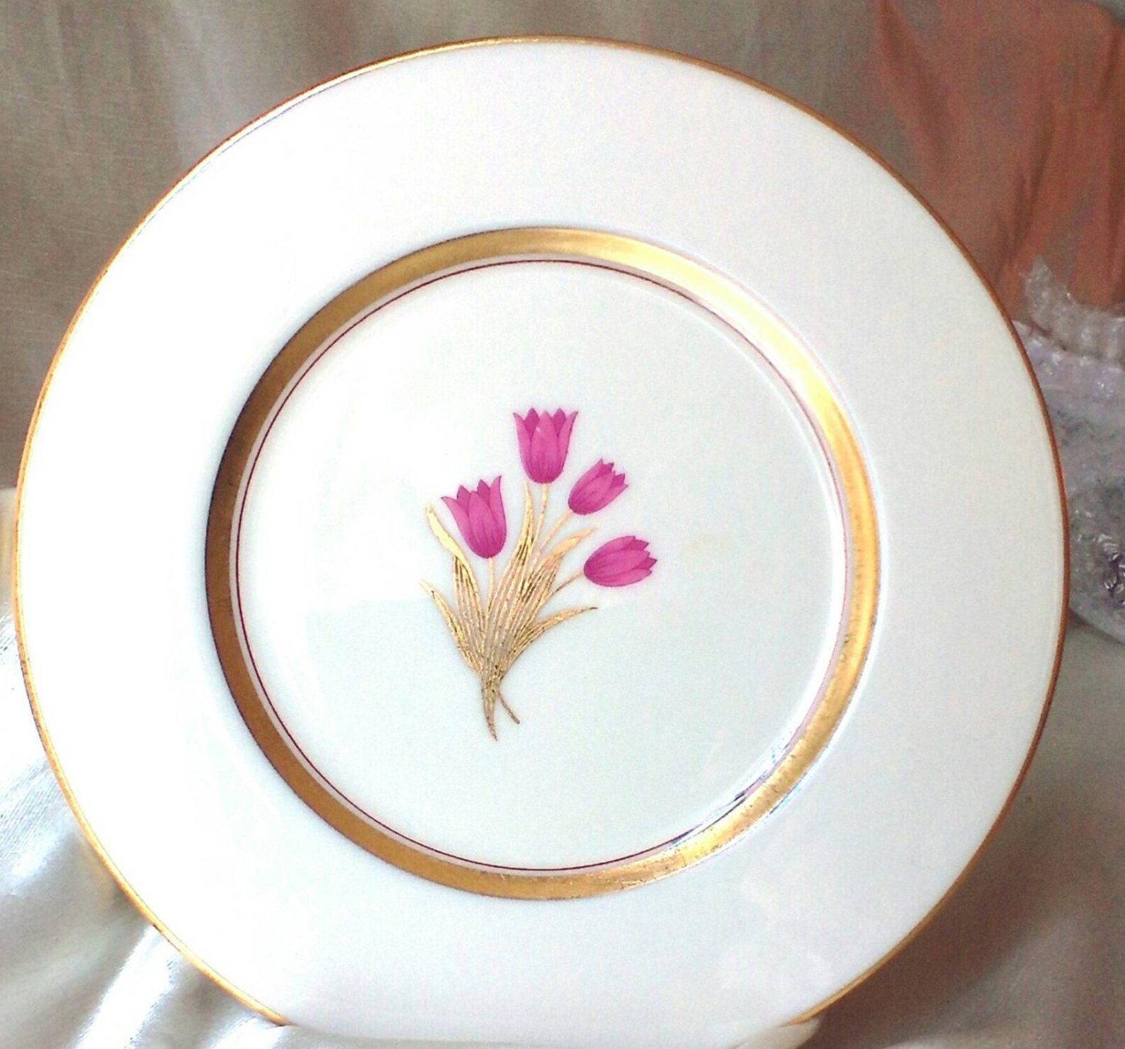 1950s Lenox China Dessert Plate Pink Tulip Motif Gold Leaf Etsy