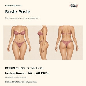 May include: A two-piece swimwear sewing pattern titled Rosie Posie by AsItSewHappens. The image displays a mauve bikini from front, side, and back views, featuring a gathered bra top and triple-strap bottoms. Includes instructions and A4/A0 PDFs.