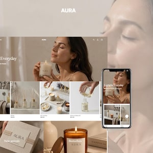 May include: A digital interface for the AURA brand featuring a collection of home fragrance products including glass jar candles, reed diffusers, and essential oil bottles. The layout displays product photography, the text Light the Everyday, and a mobile phone mockup showing the website on a screen.