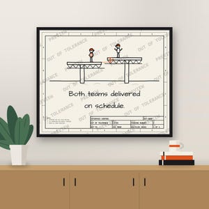 May include: A framed engineering drawing print featuring a cartoon of two teams building bridge segments that do not align. The text reads, Both teams delivered on schedule. The drawing includes a title block with technical labels and grid lines.