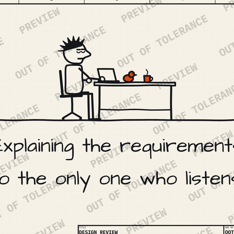 Close-up of the drawing: Explaining the requirements to the only one who listens.