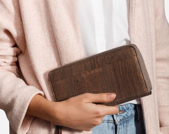 Women Wallet RFID Blocking Long Zip Around - Personalized Engraved Gift - Sustainable Vegan Woman Wallet - Cork Wallet - Cool Unique Gifts