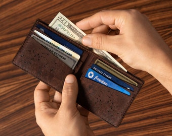 Vegan Men Wallet Cork - Personalized Engraved Wallet Bifold Sustainable Vegan Gift for Men for Cards and Cash