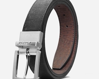 Reversible Cork Belt Men: Engraved Vegan Leather Alternative Gift