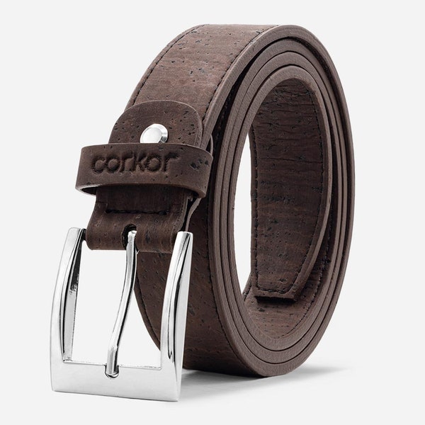 Ceinture pour homme en liège végétalien - Ceinture gravée personnalisée - imitation cuir sans cuir pour homme, couleur marron noir