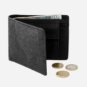 Vegan Leather Mens Wallet, Engraved Personalized, With Coin Pocket RFID Gift Men Bifold Card Holder No-Leather Cork Black Color image 8