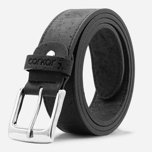 Belt Men Vegan Cork - Personalized Engraved Gift - Black Brown Handmade Jeans Belt Silver Buckle, Smart or Casual for Him by Corkor - EU