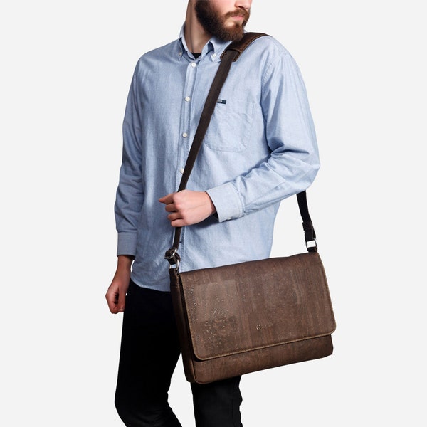 Sac messager pour homme - Porte-documents pour ordinateur portable 15" - Cadeau personnalisé gravé - Sac messager en liège - Cadeaux végétaliens