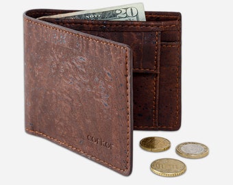 Vegan Leather Mens Wallet,  Engraved  Personalized, With Coin Pocket RFID Gift Men Bifold Card Holder No-Leather Cork Black Color