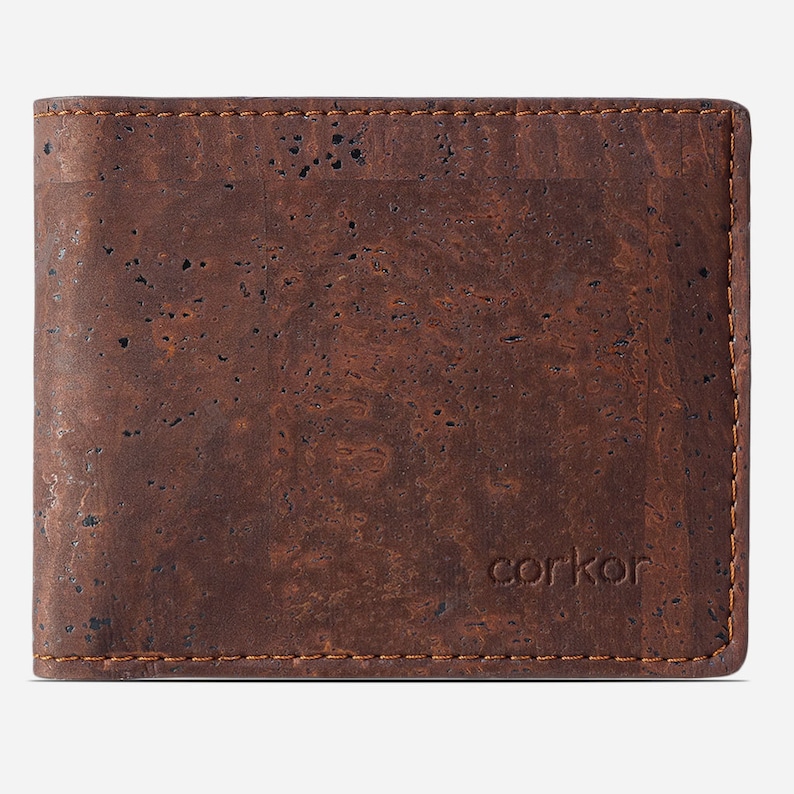 Vegan Leather Mens Wallet, Engraved Personalized, With Coin Pocket RFID Gift Men Bifold Card Holder No-Leather Cork Black Color image 5