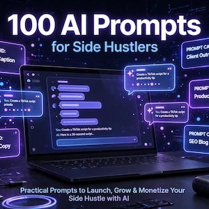 Może przedstawiać: Grafika cyfrowa zatytułowana 100 AI Prompts for Side Hustlers przedstawiająca laptopa z interfejsem czatu otoczonego świecącymi fioletowymi prostokątnymi kartami z napisami takimi jak Instagram Caption, Client Outreach Email, Product Description i innymi.