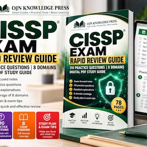 May include: A CISSP Exam Rapid Review Guide digital PDF study guide featuring 110 practice questions and 8 domains. The cover displays the OJN Knowledge Press logo, a shield icon with a padlock, and the text 78 pages. A tablet and smartphone show study plans and PDF download icons.
