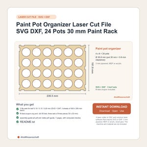 Peut inclure: Un fichier de conception numérique pour un organisateur de pots de peinture avec une grille de 24 découpes circulaires. Le plan mesure 236,5 mm sur 161,9 mm pour des pots de 30 mm avec 0,8 mm de jeu. Formats SVG et DXF inclus.