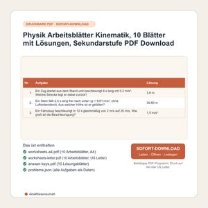 May include: A digital document titled Physik Arbeitsblätter Kinematik, 10 Blätter mit Lösungen, Sekundarstufe PDF Download. It features a table with three physics problems regarding kinematics and their solutions, plus a list of included files.