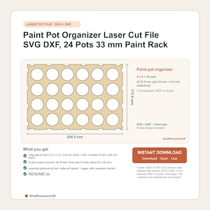 Paint Pot Organizer Laser Cut File SVG DXF, 24 Pots 33 mm Paint Rack