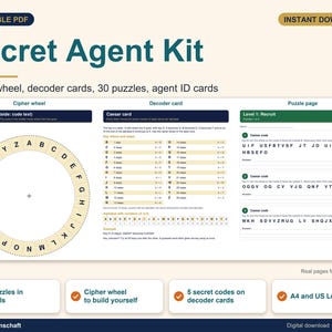 Könnte beinhalten: Ein druckbares Secret Agent Kit als PDF mit Chiffrierscheibe, Caesar-Decoder-Karte und Rätselseiten. Das Set enthält 30 Rätsel in 3 Schwierigkeitsstufen, Agentenausweise und eine Bauanleitung für die Chiffrierscheibe. Text: Secret Agent Kit, Cipher wheel, Decoder card, Puzzle page, Level 1: Recruit.