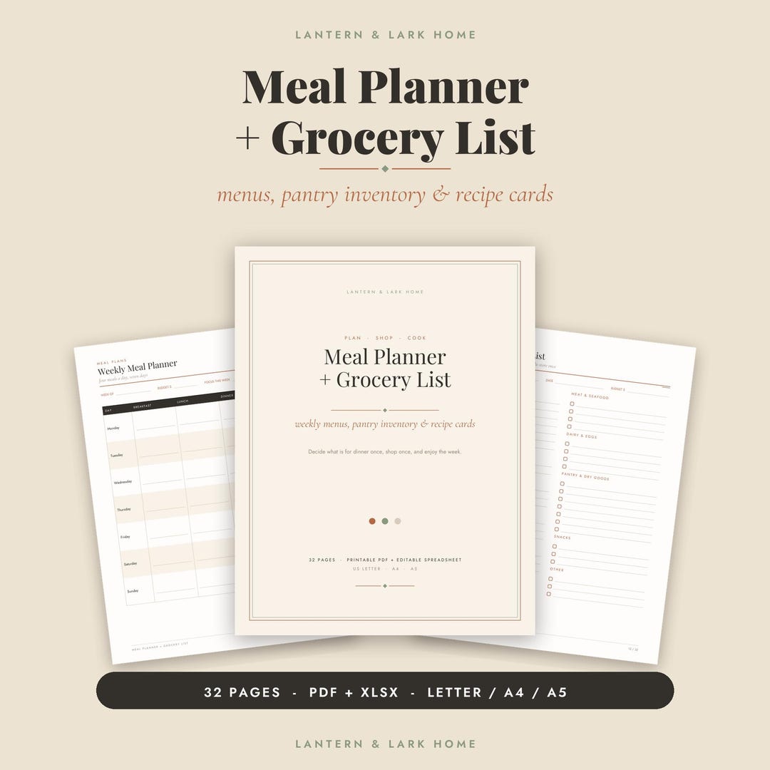 Meal Planner Printable + Grocery List | Weekly Menu, Pantry Inventory ...