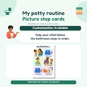 May include: A set of six potty routine picture cards featuring illustrations of bathroom steps including telling a grown-up, pulling pants down, sitting on the potty, asking for help, pulling pants up, and washing hands with text labels.