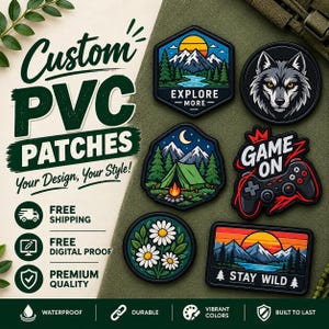 Custom PVC Patch 2D/3D Rubber Logo Patches, Sew/Iron On, Velcro Hook Backing, Free Shipping, Free Digital Proof, Free Artwork Creation