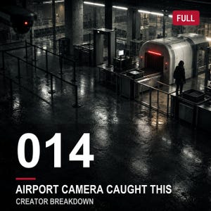 May include: A dark, high-angle view of an airport security checkpoint featuring a metal detector, an X-ray scanner, and a person standing nearby. The text 014, AIRPORT CAMERA CAUGHT THIS, CREATOR BREAKDOWN, and FULL are visible in the image.