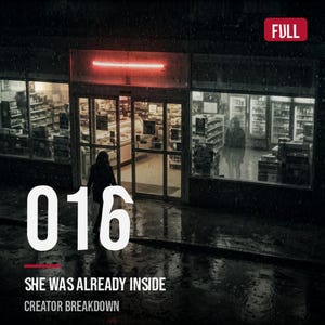 Könnte beinhalten: Eine dunkle, regnerische Straßenszene mit einem Ladenlokal, über dessen Eingang ein rotes Neonlicht leuchtet. Großer weißer Text zeigt 016, SHE WAS ALREADY INSIDE und CREATOR BREAKDOWN. Ein rotes Etikett in der Ecke zeigt das Wort FULL.