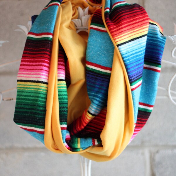 Infinity Circle Scarf, Colorful Mexican Serape and Bright Yellow Jersey Knit