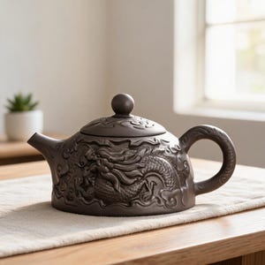 May include: A dark brown clay teapot featuring an intricate embossed dragon design wrapping around the body. The teapot has a matching lid with a spherical knob, a curved spout, and a handle decorated with swirling cloud patterns.