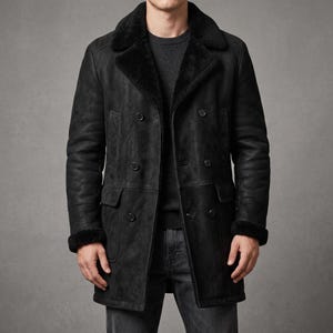 Men Black-Suede Shearling-Coat, Mid-Length Double-Breasted Trench-Overcoat, Warm-Winter Leather Car-Coat, Heavyweight Borg-Pea Coat-for-Him