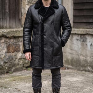 Men Black Shearling Leather-Coat, Lambskin Winter Trench-Coat, Warm Mid-Length Overcoat, Double-Breasted Shearling-Jacket, Handcrafted Gift