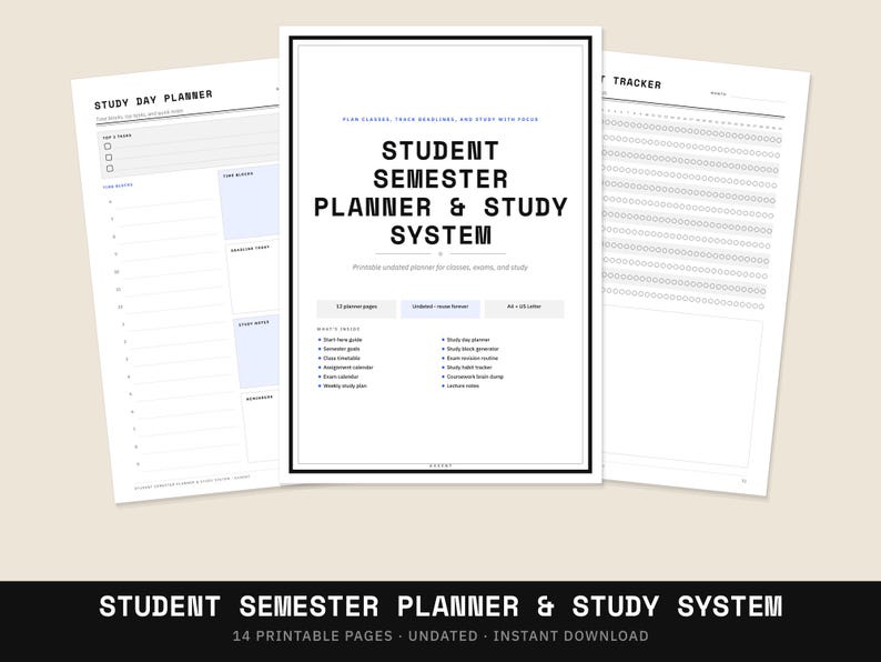 Student Semester Planner & Study System — Printable Pages + Hyperlinked ...
