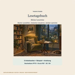 Reading journal German English – Book journal with reading list, book cards & reading discussions, editable PPTX and PDF A4