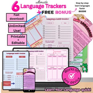 May include: A digital language learning kit featuring six language trackers, a step-by-step guide, and habit trackers. The materials include pink and white printable sheets with sections for conversation, hobbies, and household vocabulary, plus a mobile device display.