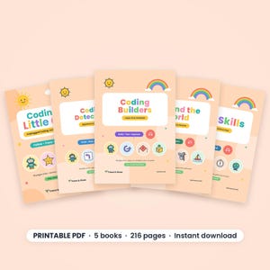 Screen Free Coding and Map Skills Bundle, Unplugged Coding Worksheets, Continents and Oceans, Ages 4-9, STEM, 5 Printable PDF Books