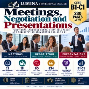 May include: A digital educational guide titled Lumina Professional English: Meetings, Negotiation and Presentations. The A4 PDF document features 230 pages, 60 role plays, 834 functional phrases, and 12 language banks for B1 to C1 CEFR levels.