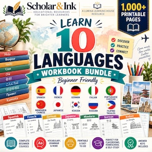 May include: A Learn 10 Languages Workbook Bundle educational resource featuring a stack of colorful books, a globe, and printable pages. The cover displays text including Scholar & Ink, 1,000+ Printable Pages, and a list of ten languages with corresponding national flags.