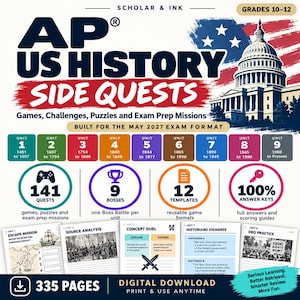 Könnte beinhalten: Ein digitales Lehrmaterial mit dem Titel AP US History Side Quests für die Klassen 10-12. Das Cover zeigt das US-Kapitol, eine US-Flagge und Symbole für 141 Quests, 9 Bosse, 12 Vorlagen und Antwortschlüssel für 9 Einheiten auf 335 Seiten.