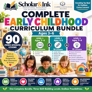 Puede incluir: Un paquete de plan de estudios completo para la primera infancia Scholar & Ink para edades de 3 a 6 años. El recurso educativo incluye 90 lecciones de fonética en tres niveles, con texto, iconos y una foto de tres niños estudiando.