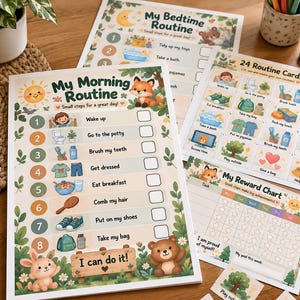 Peut inclure: Un ensemble de tableaux de routine imprimés pour enfants avec des illustrations colorées d'animaux, comprenant une liste de routine matinale, une liste de routine du soir, 24 cartes de routine et un tableau de récompenses avec cases.