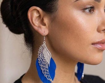 Oorbellen met engelenvleugels en echte veren, lange boho-veren oorbellen in blauw, paars, roze en wit, opvallende oorbellen, cadeau voor vrouwen