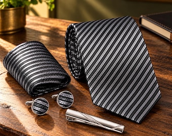 Black Silver Striped Men's Tie Gift Set, Cufflinks & Tie Clip (Formal Wear) with Box