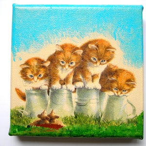 Chatons et souris joli petit tableau collage et acrylique 12X12 cm. image 3