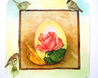 Carte postale " Trois petits  oiseaux et une rose " .
