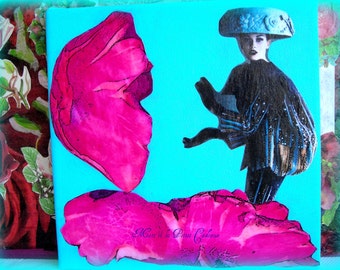 Attack mushroom painting collage original 20 x 20 cm.
