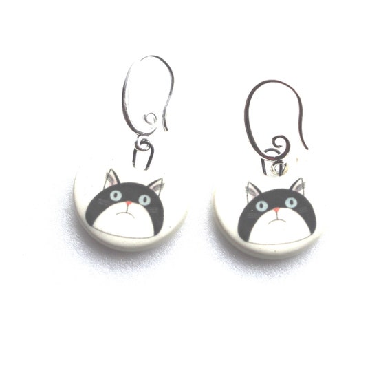 Boucles Doreilles Tête De Chat Noir Et Blanc Forme Originale Céramique Artisanale