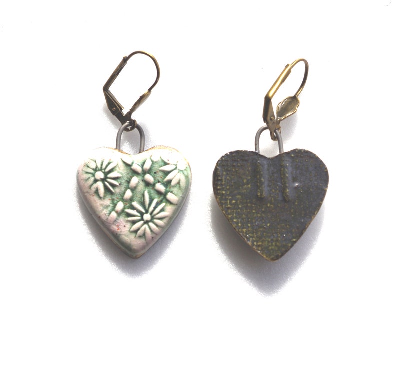 Romantic earrings flowers hearts gray pink, handcrafted ceramics. image 5