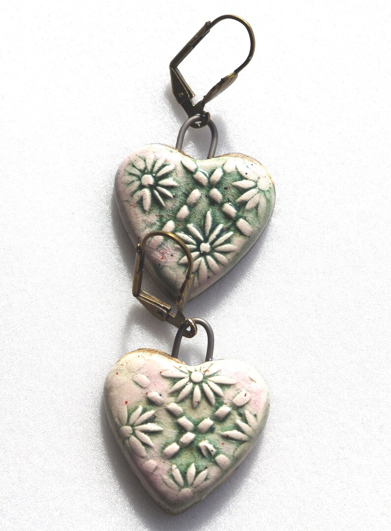 Romantic earrings flowers hearts gray pink, handcrafted ceramics. image 6