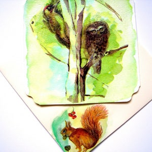 carte postale collages et pastel le Pivert et la Chouette et son enveloppe décorée. image 3