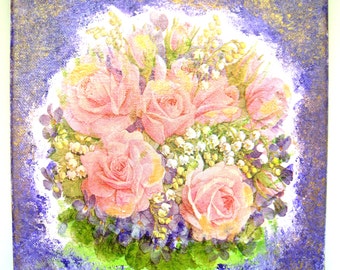 Tableau  collages et acrylique " Le Bouquet de Roses ". 20 x 20 cm.