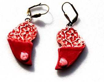 Earrings butterfly wings red white burgundy original shape, handcrafted ceramic.